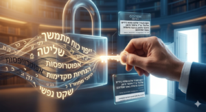 יד אוחזת במפתח זהוב המכוון למנעול זוהר, עם טקסט עברי זורם, חלונות הודעות דיגיטליים והשם עו"ד איתמר מימון המופיע. מדפי הספרים ברקע מסמלים את פתיחת המידע המאובטח והעתיד — עתיד — עם GOITEM.