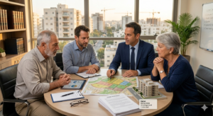 ארבעה אנשים, שני גברים בלבוש עסקי ושניים בלבוש קז'ואל, יושבים סביב שולחן במשרד מודרני ודנים בשותפות במקרקעין ובתוכניות נדל"ן. דגמי בניינים מיניאטוריים, מסמכים וטבלאות מכסים את השולחן, בעוד מחוץ לחלון נראים מנופי בנייה.