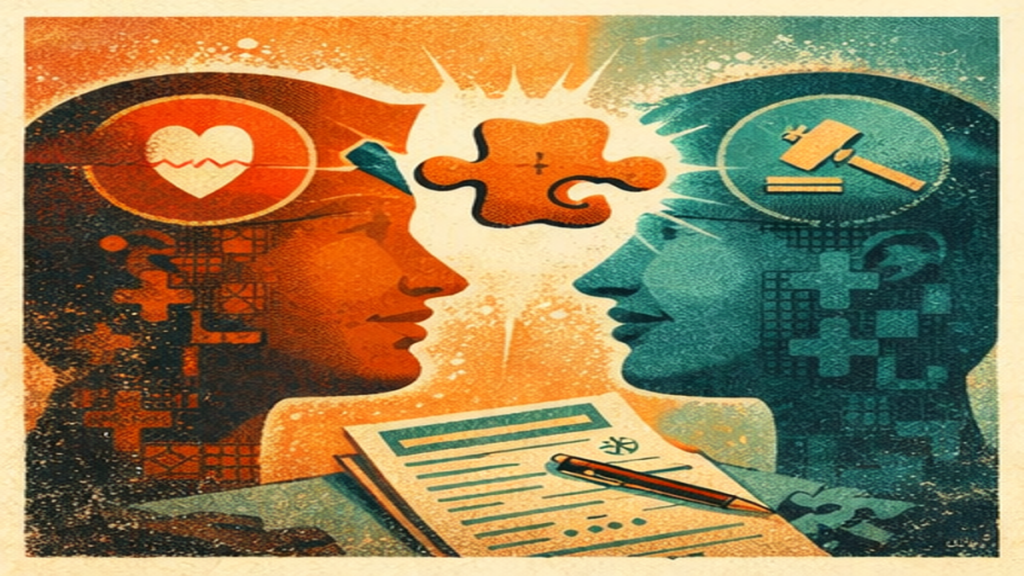 שני דיוקנאות אנושיים מסוגננים ניצבים זה מול זה — האחד כתום, ועליו סמל של לב ודופק, והשני כחול, ועליו פטיש שופט. חתיכת פאזל מרחפת ביניהם, ומסמלת כיצד ייפוי כוח מתמשך תומך בקבלת החלטות נכונות בתחום הבריאות והמשפט.